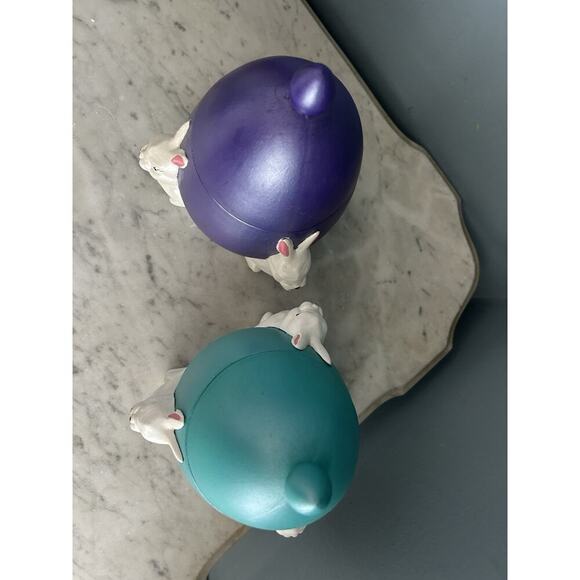 (2) 1960s Ceramic Easter Egg Candy Jar Hand Painted Bunnies Rabbits Purple Teal - Picture 5 of 16